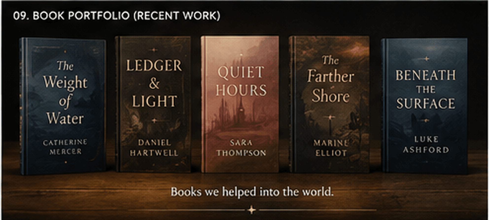 Five books standing on a wooden shelf: The Weight of Water by Catherine Mercer, Ledger & Light by Daniel Hartwell, Quiet Hours by Sara Thompson, The Farther Shore by Marine Elliot, and Beneath the Surface by Luke Ashford