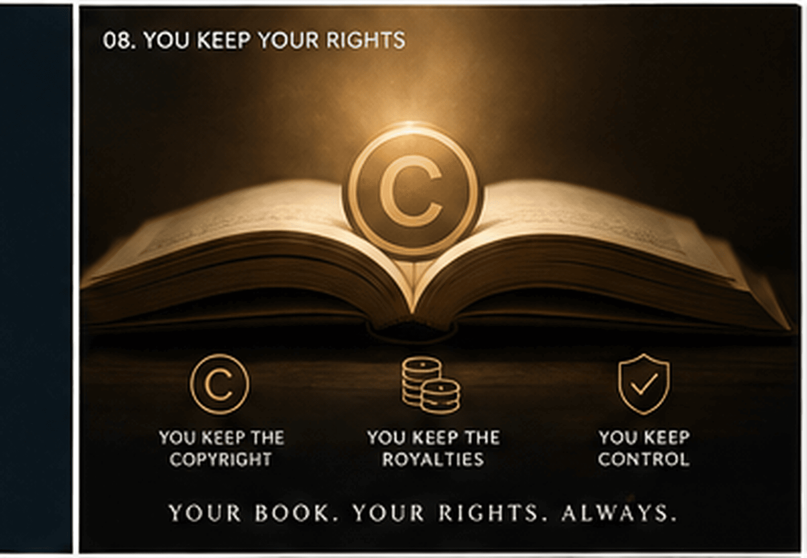 Open book with copyright symbol above it, and three pillars: You Keep the Copyright, You Keep the Royalties, You Keep Control
